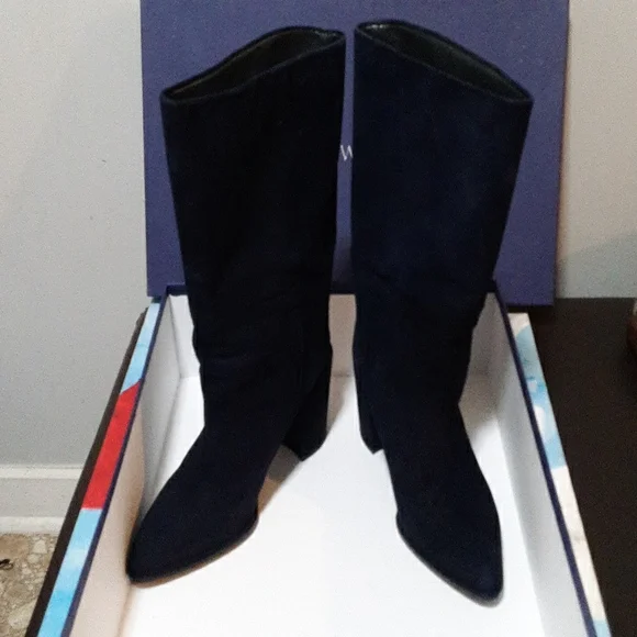 Stuart Weitzman Straighten Nice Blue Suede Boots - Picture 4 of 13